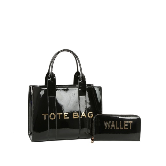 Handbags - Fashion, Black Tote Bag with Matching Wallet - Glossy Black